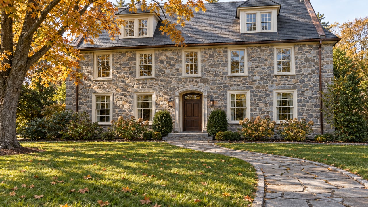 An autumn lawn and curved stone approach lead to a two-story gray stone house with ivory-trimmed windows and a slate roof.