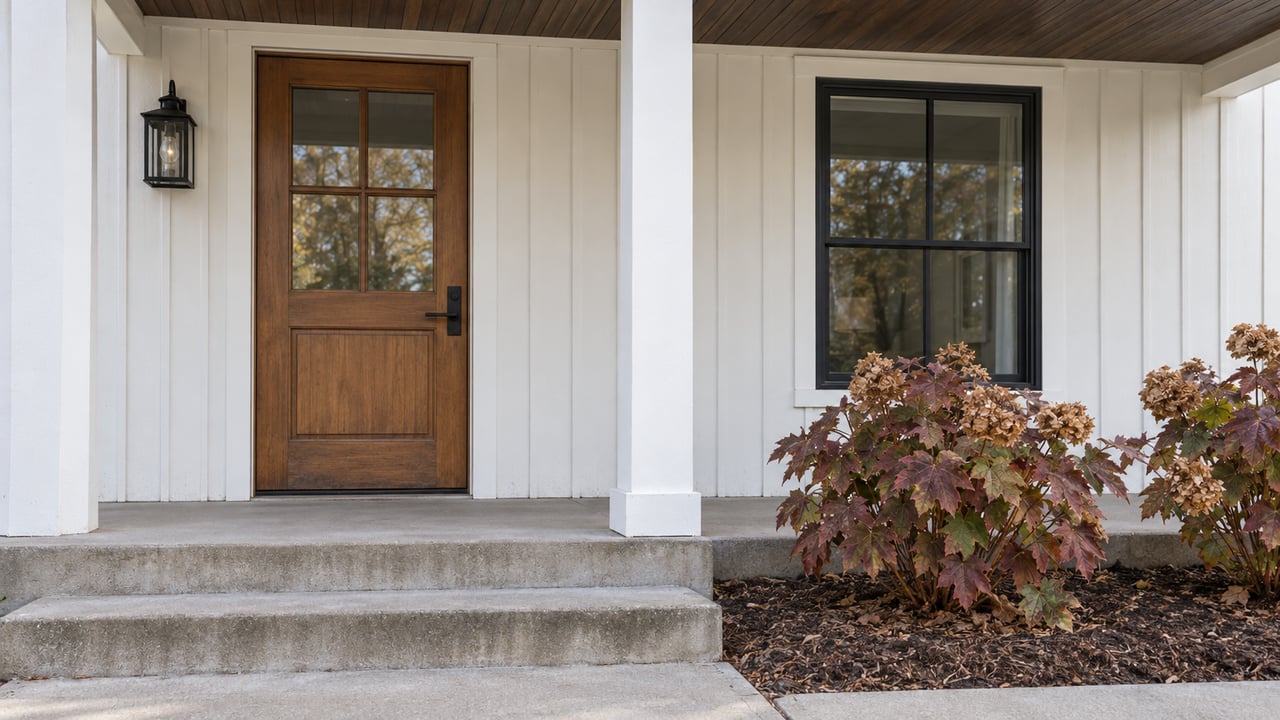 White board-and-batten home entry with a glazed oak door, dark wood porch ceiling, concrete steps and autumn oakleaf hydrangeas.