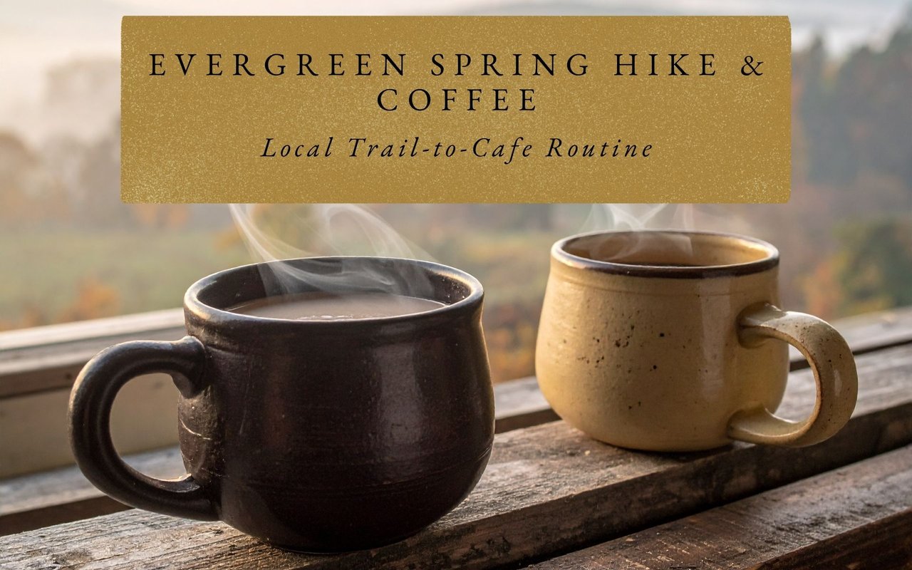 Outdoor table at Swiss Chalet Cafe in Evergreen with coffee mugs, strudel, and mountain backdrop