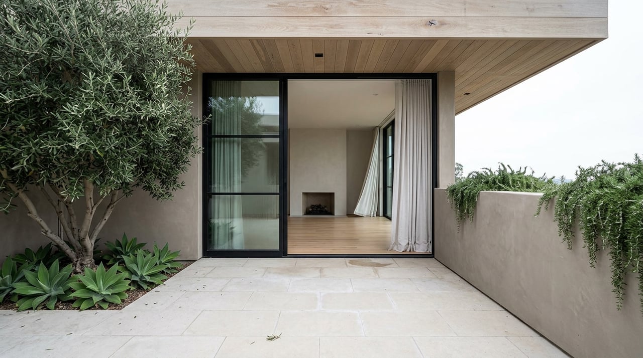 Olive tree and agaves beside a paved terrace, facing a black-framed glass wall and plaster fireplace.