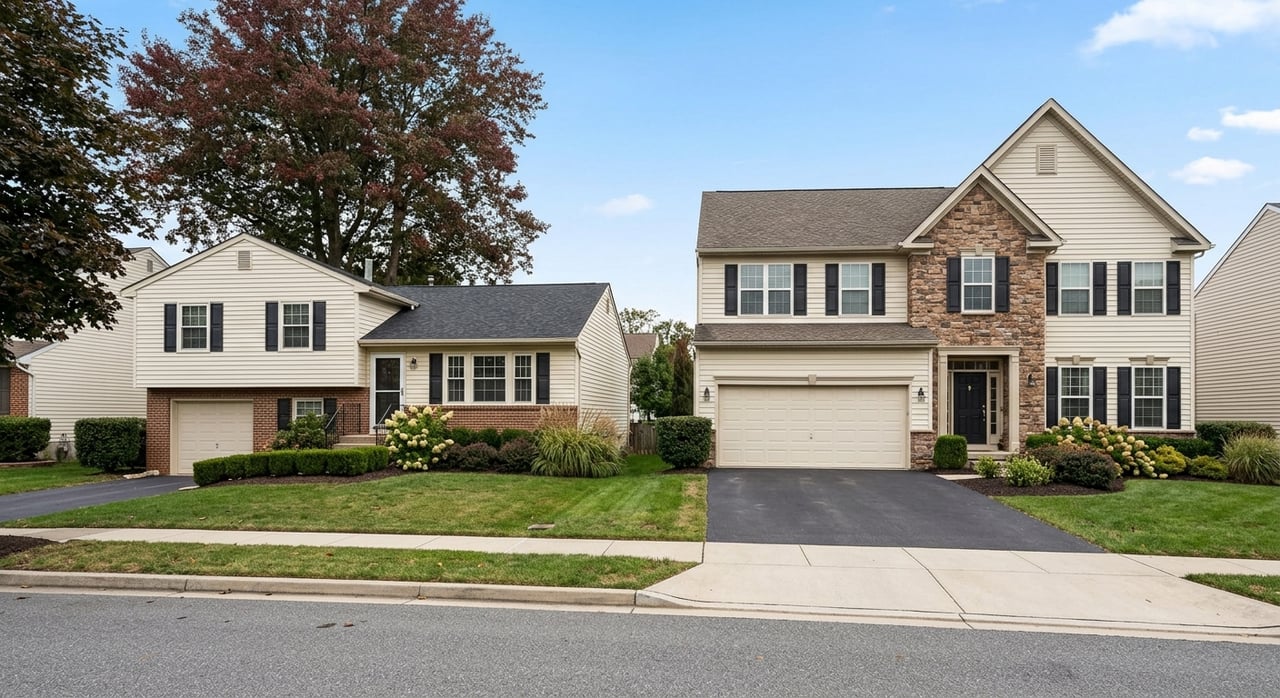 Two cream-sided homes: one with a brick base, the other with stone gables and entry.