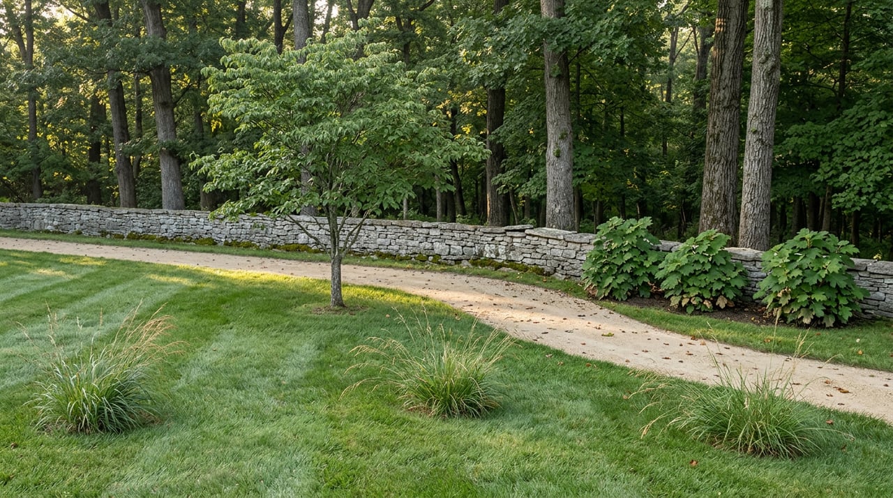 Curving limestone garden path beside a low stone wall, dogwood, hydrangeas, and mature trees.