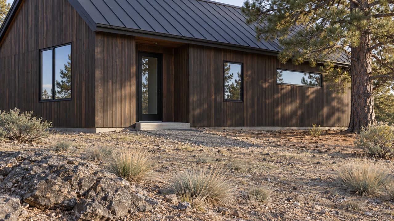 Gabled cedar house with black-framed windows beyond uneven, rocky ground and sparse grasses, a pine at right.