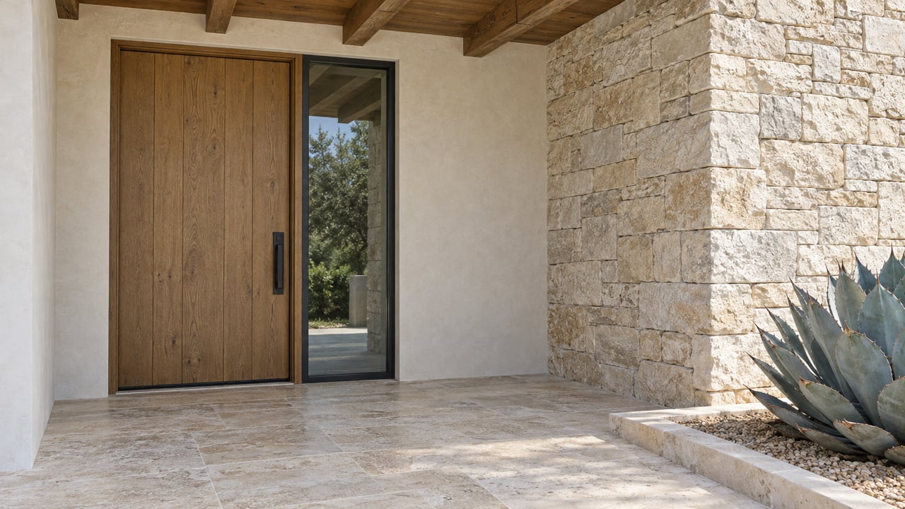 Shaded timber entry door and steel-framed sidelight beside a limestone pier, with a blue-gray agave in a gravel pocket.