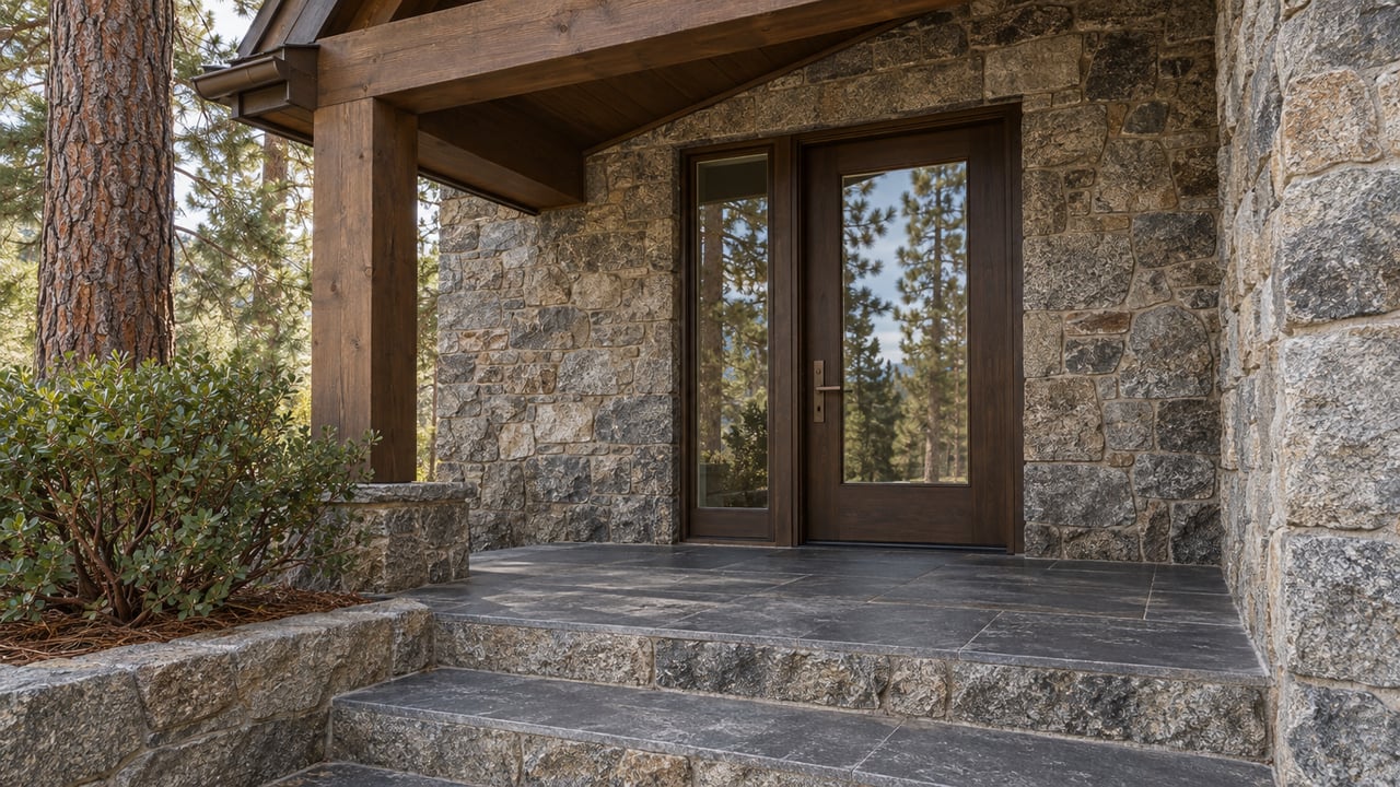 Covered timber-and-granite home entrance with a glazed oak door, slate steps and a mature pine beside the porch.