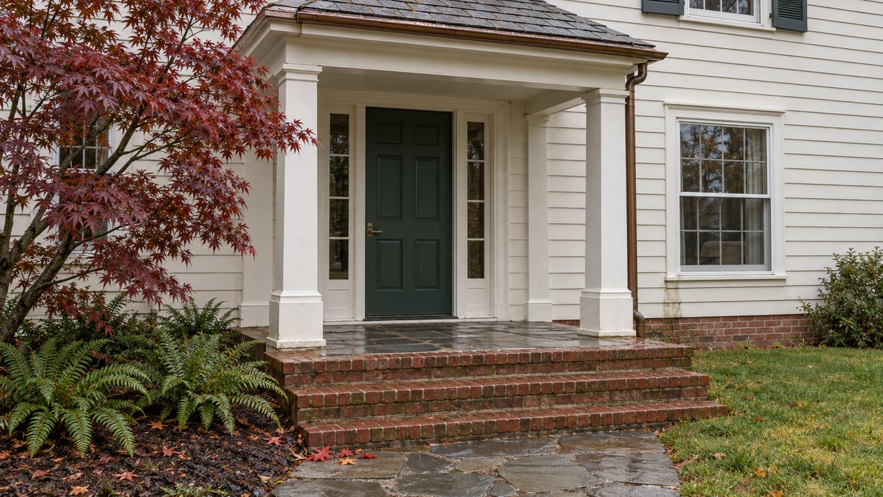 Off-white clapboard home entry with a green door, slate-roofed portico, damp brick steps, and burgundy Japanese maple leaves.