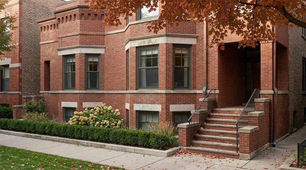 Vintage brick three-flat with a bay window, raised stoop, russet maple canopy, and fallen leaves on the sidewalk.