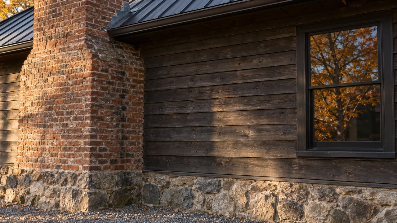 Old red-brown brick chimney beside weathered cedar siding, with a closed window reflecting amber leaves.