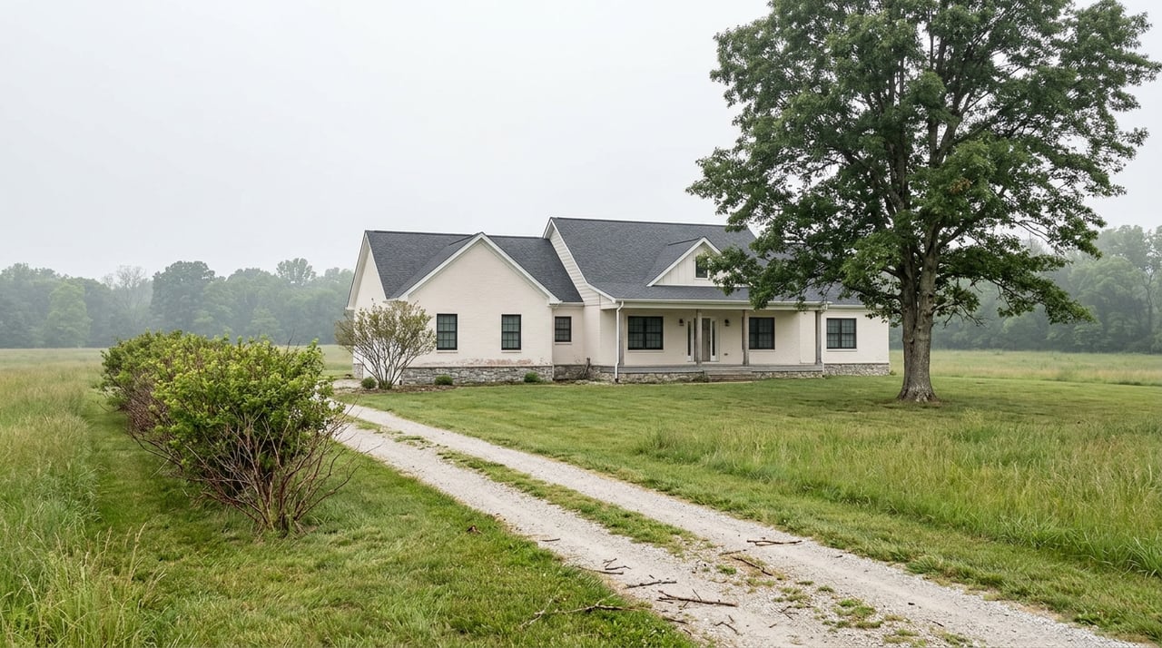 A white farmhouse with a covered porch sits beyond a gravel drive, with open lawn and a large oak tree.