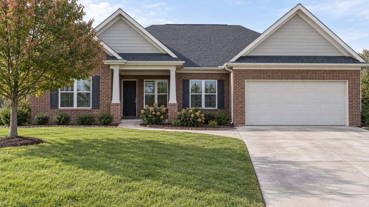 Brick and pale-sided suburban home with a covered porch, deep lawn and a clean concrete driveway in soft daylight.