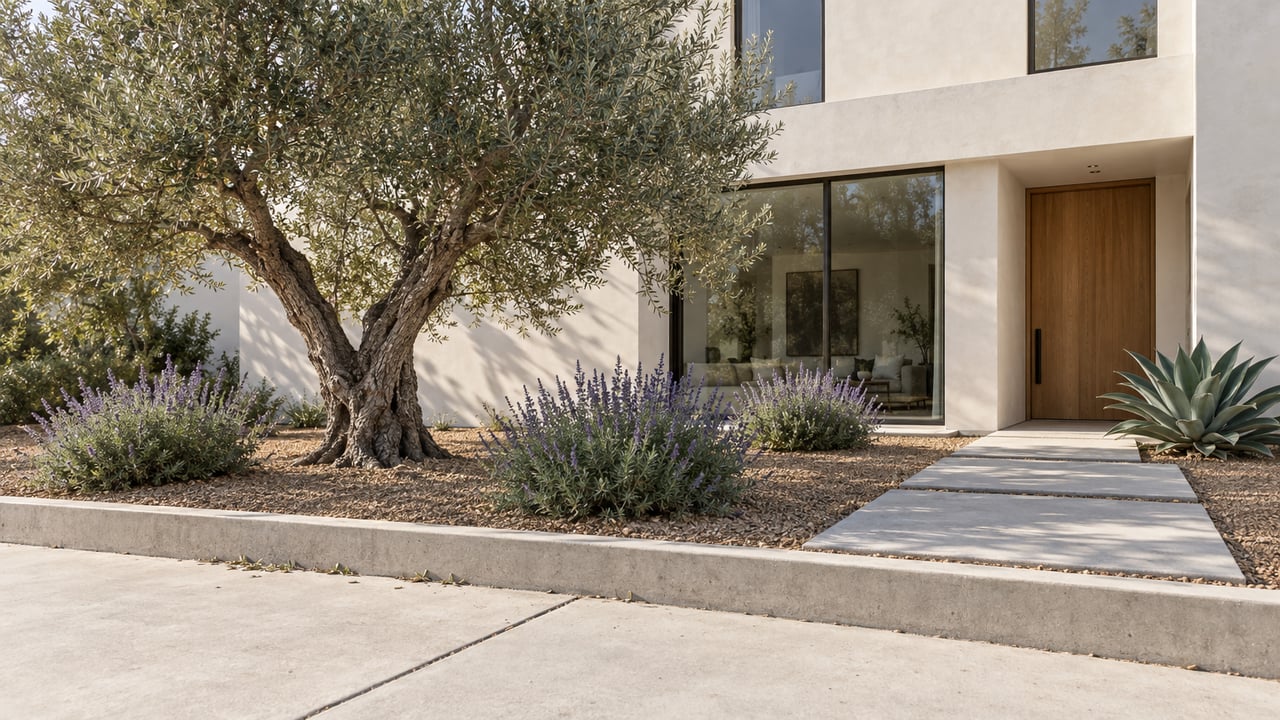 Modern stucco house behind a planted setback, with an olive tree, agave, and concrete slab path.