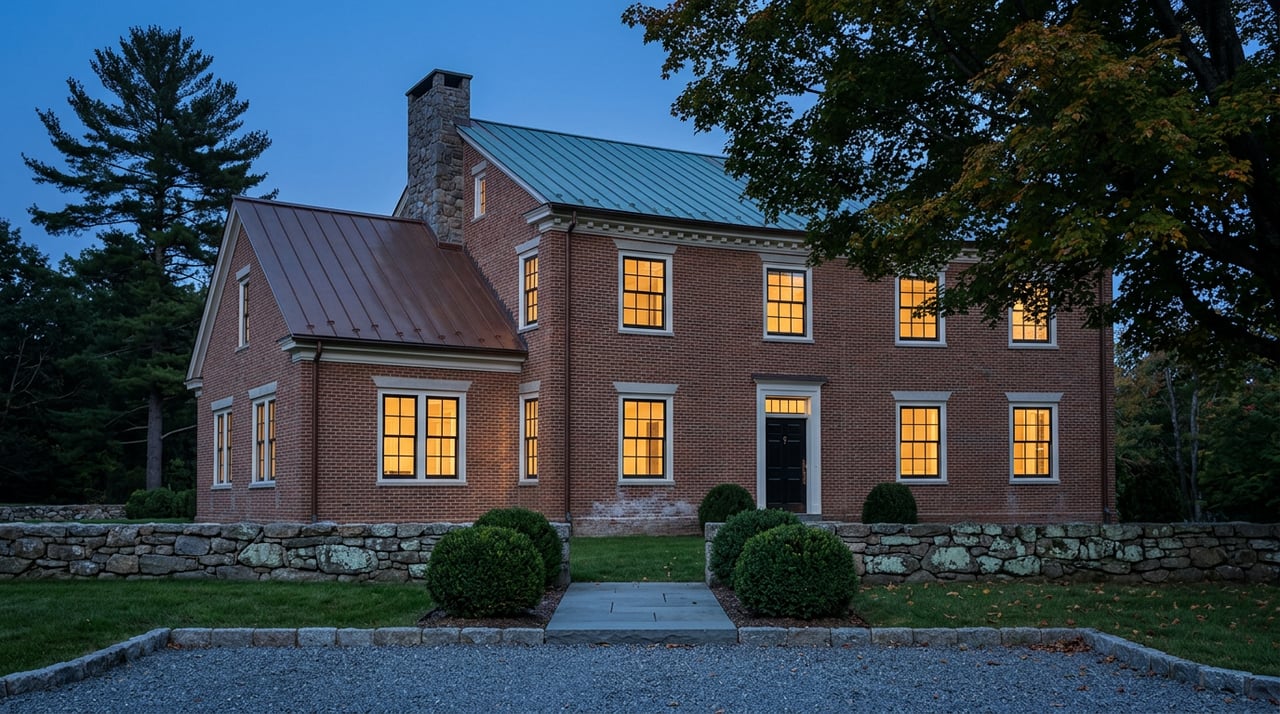 Two-story russet brick estate with glowing windows, copper roof, gravel drive, and autumn trees at dusk.