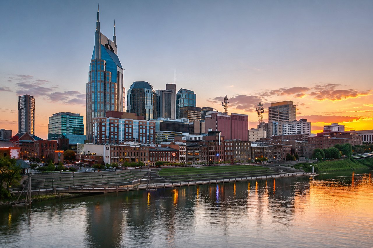 Panoramic view of the Downtown Nashville skyline along the Cumberland River at sunset, showcasing the city's vibrant urban landscape and luxury lifestyle that attracts buyers relocating from California to Tennessee.