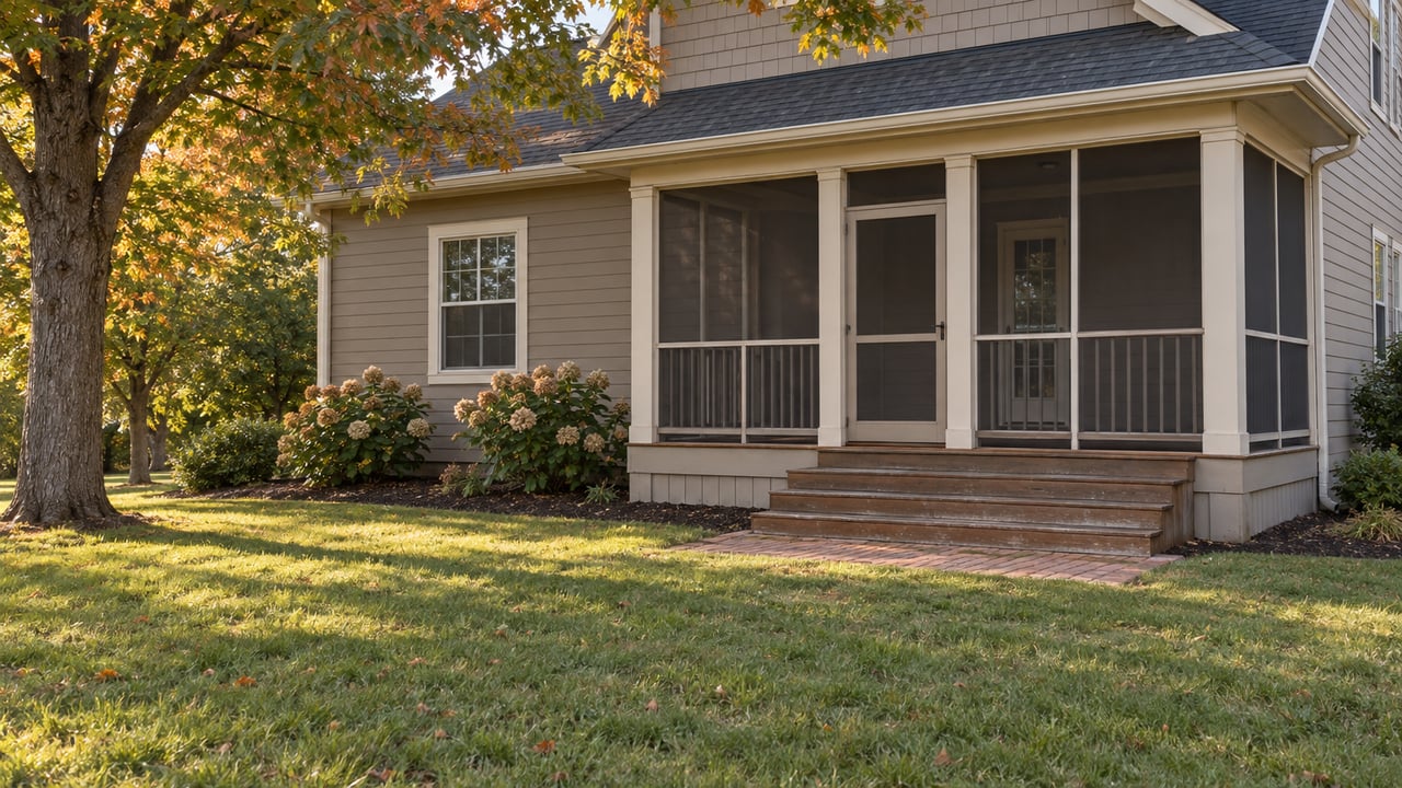 Screened porch on a taupe two-story house, with a broad lawn, brick landing, and ambering maple tree.