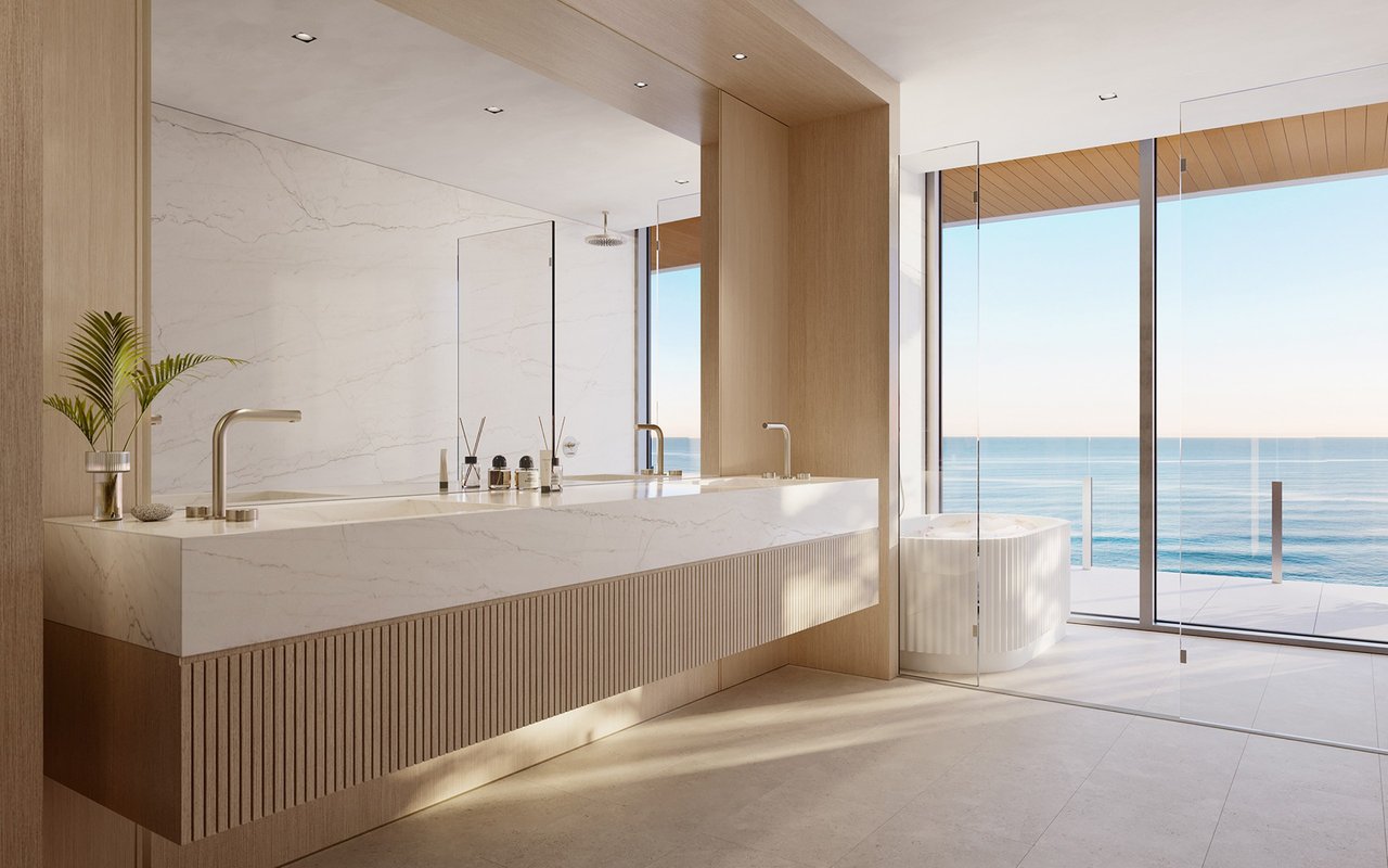 Ocean House Surfside bathroom rendering with a freestanding tub and ocean-facing terrace.