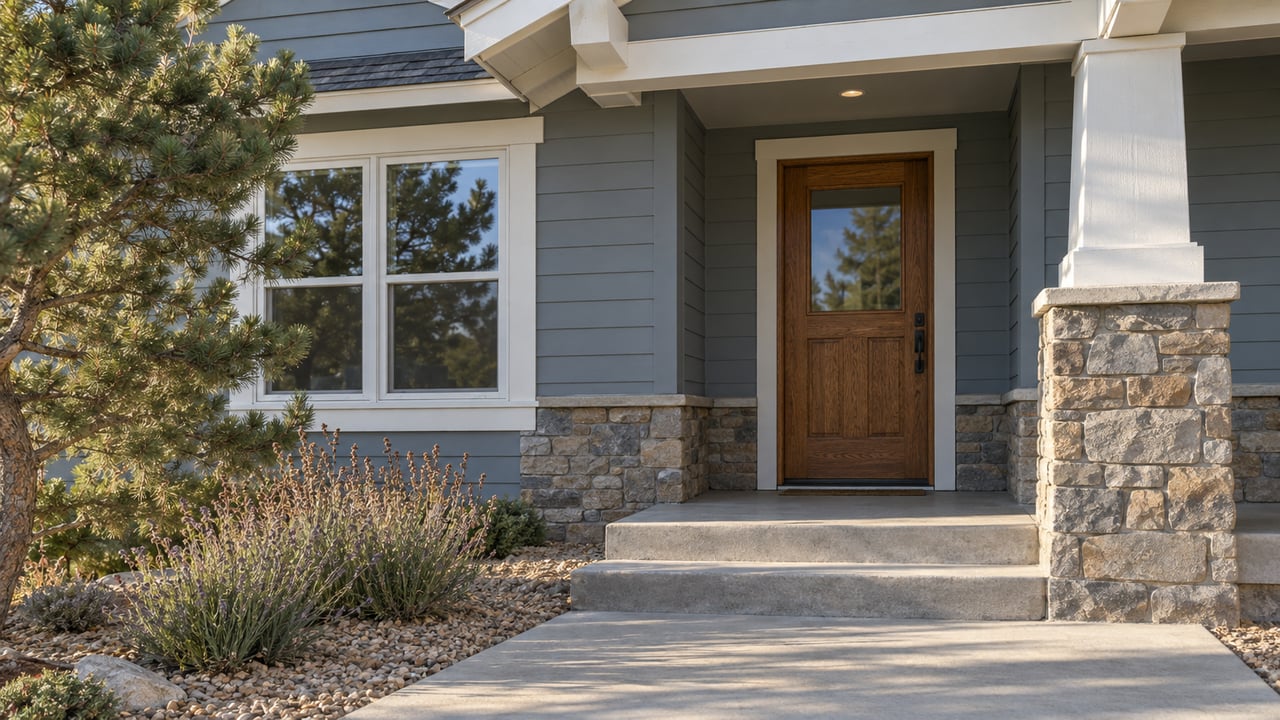 Home entrance with a wooden front door, stone veneer, concrete steps, and landscaped shrubs.