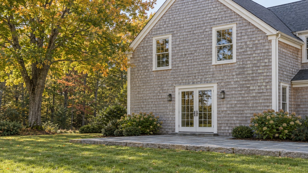 Two-story cedar-shingled house with French doors opening onto a bluestone terrace, lawn, and mature maple.