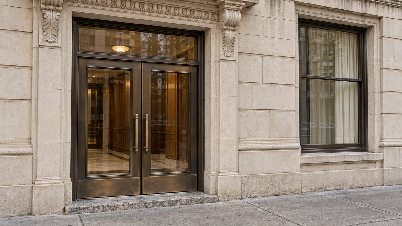 Paired bronze-and-glass residential doors set into carved pale limestone beside a tall window, above a worn granite threshold and concrete sidewalk.