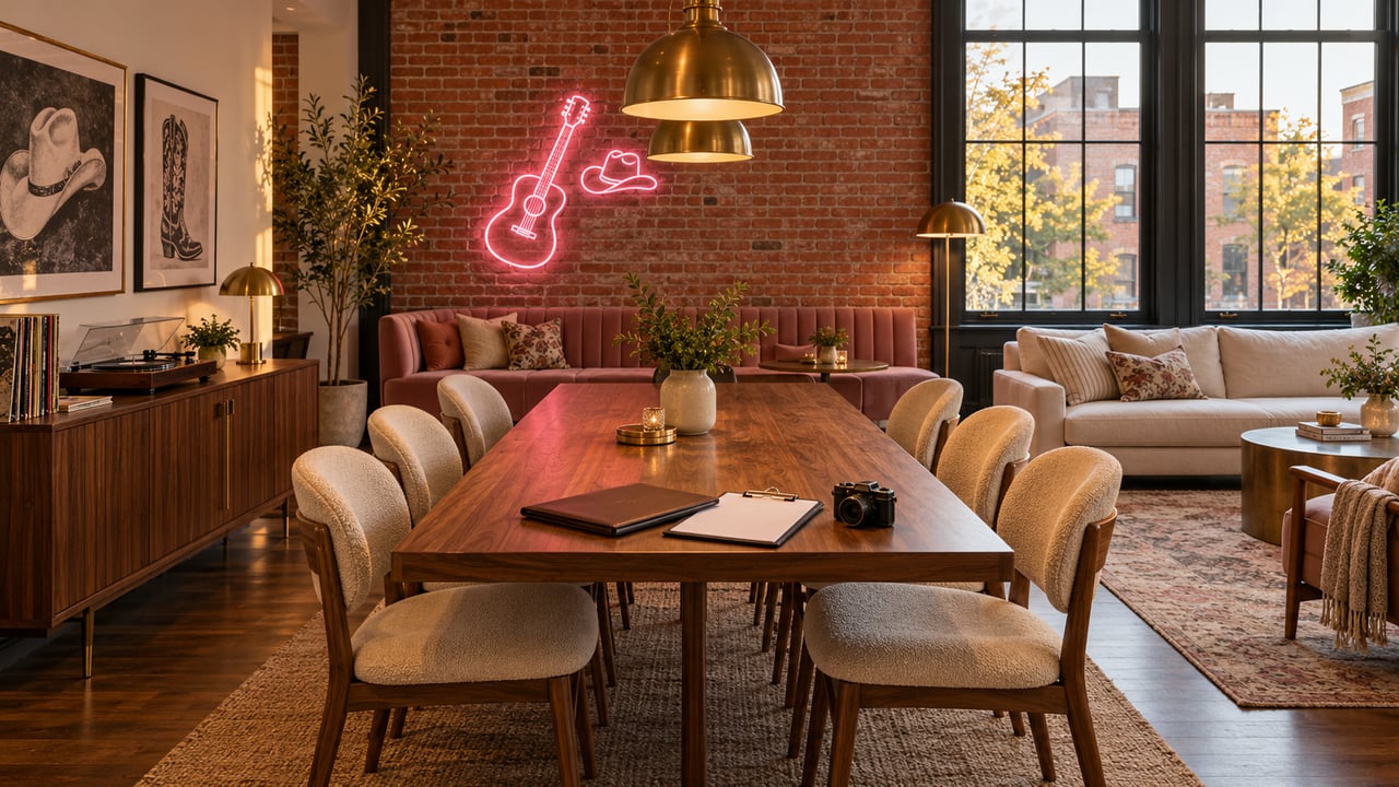 Illustrative Nashville-style rental dining room with six cream chairs, pink seating, guitar neon and a camera beside a blank clipboard.