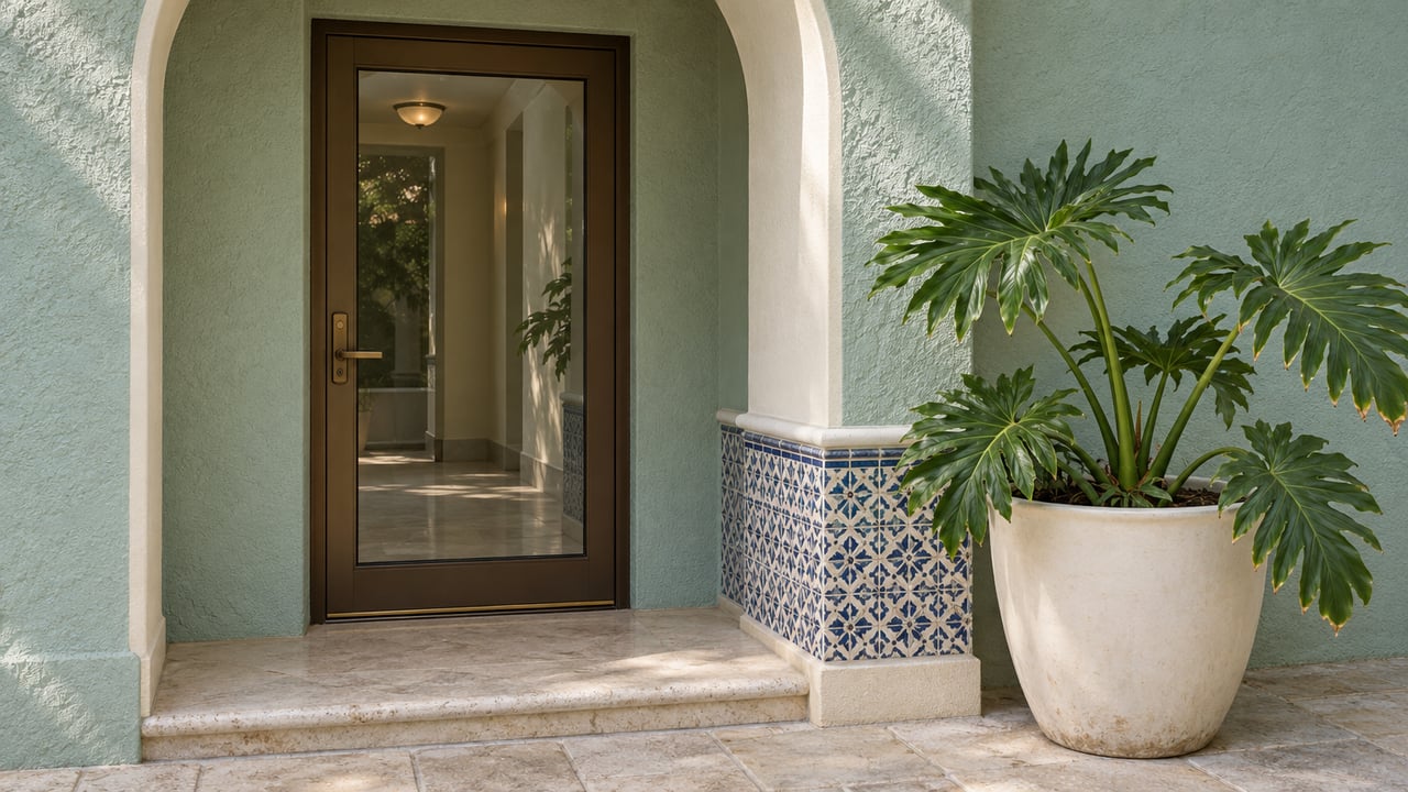 Seafoam stucco residential entrance with an arched glazed bronze door, blue-and-ivory tile detailing and a large leafy philodendron in an ivory planter.