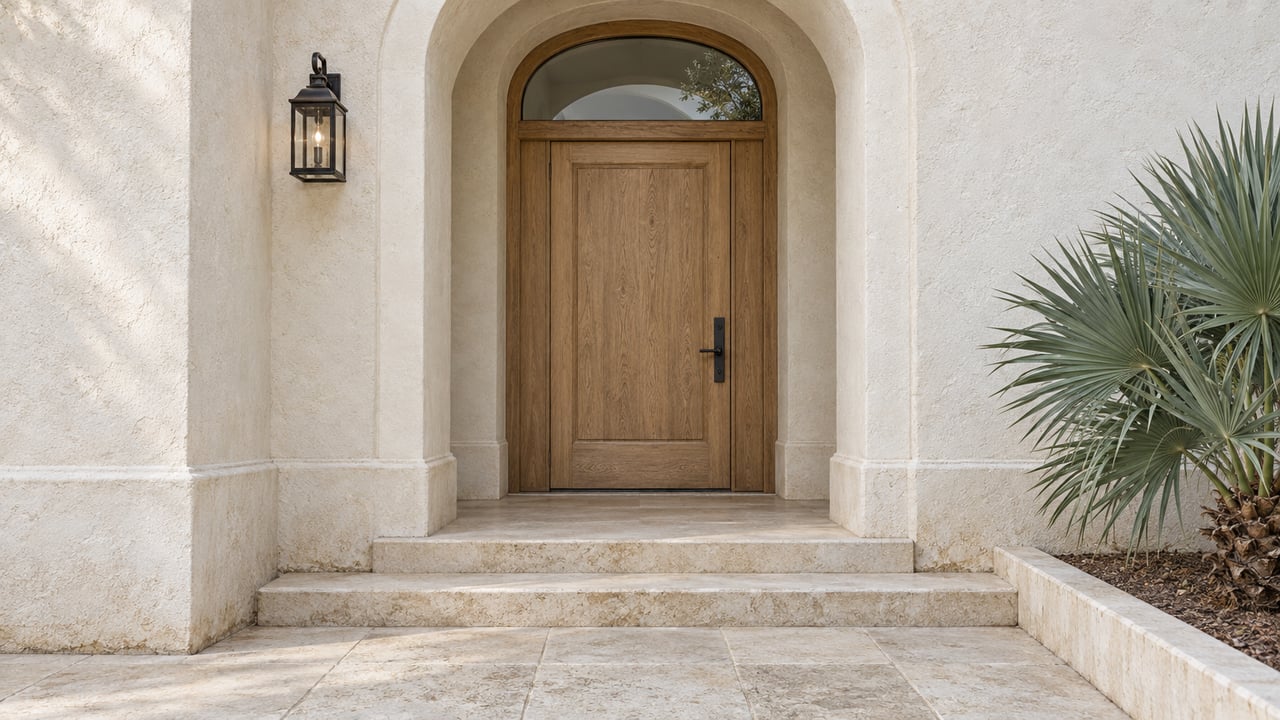 Warm-white arched house entry with a closed oak door, limestone steps, a black lantern, and silver-green saw palmetto leaves.