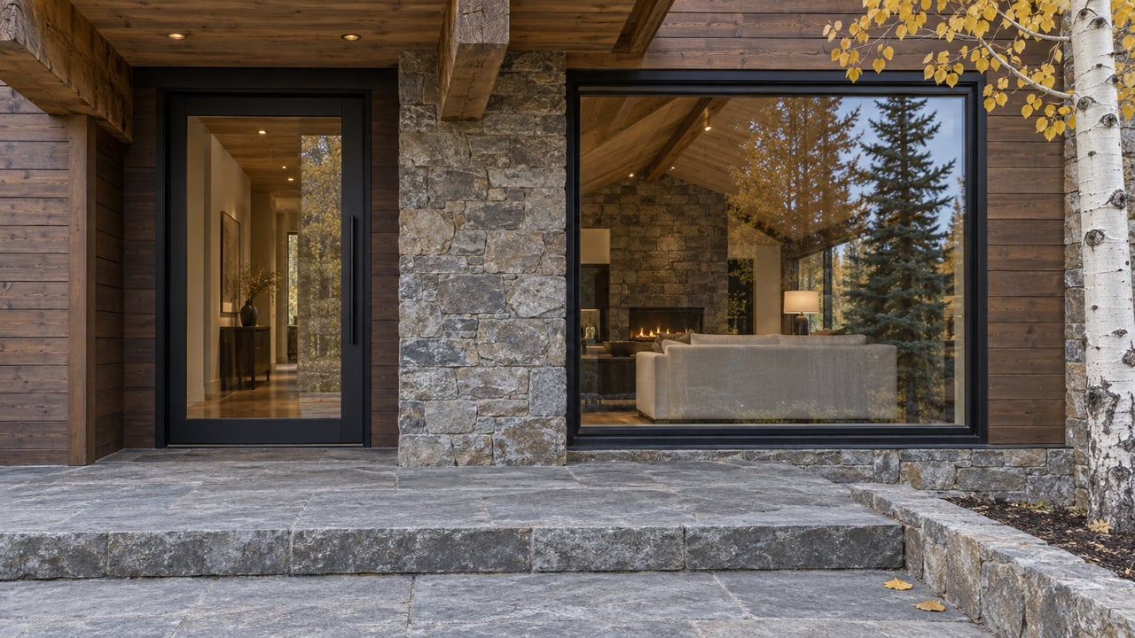Timber-canopied home entry with black-framed glass, gray stone masonry, a raised stone landing, and a golden-leaved aspen at the edge.