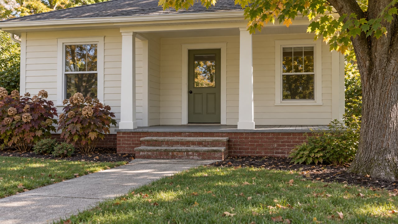 Cream house front with a green door, brick steps, and autumn trees.