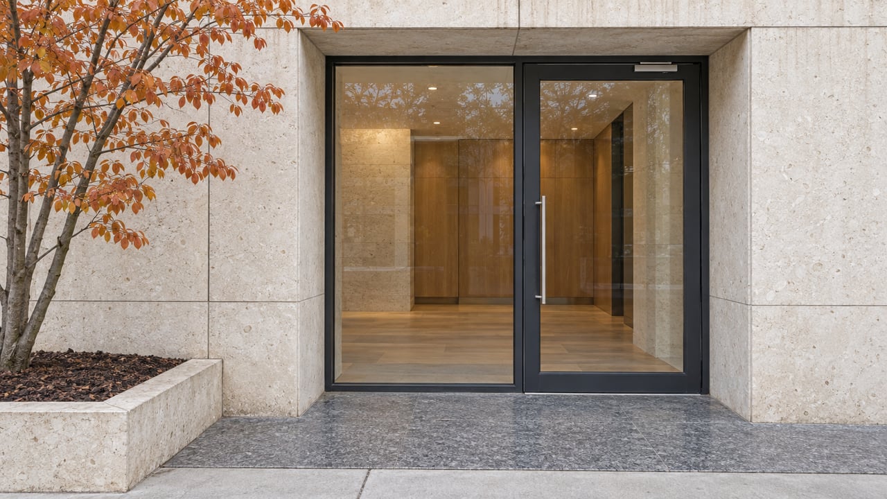 Pale limestone residential entrance with a closed glass door, oak-lined lobby and copper-orange serviceberry leaves beside a stone planting bed.