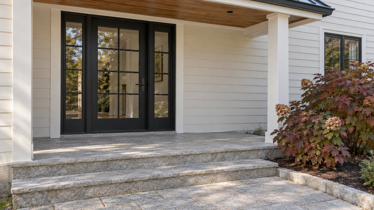 Sheltered wood-clad home entrance with black grid glazing, granite steps and burgundy oakleaf hydrangeas.