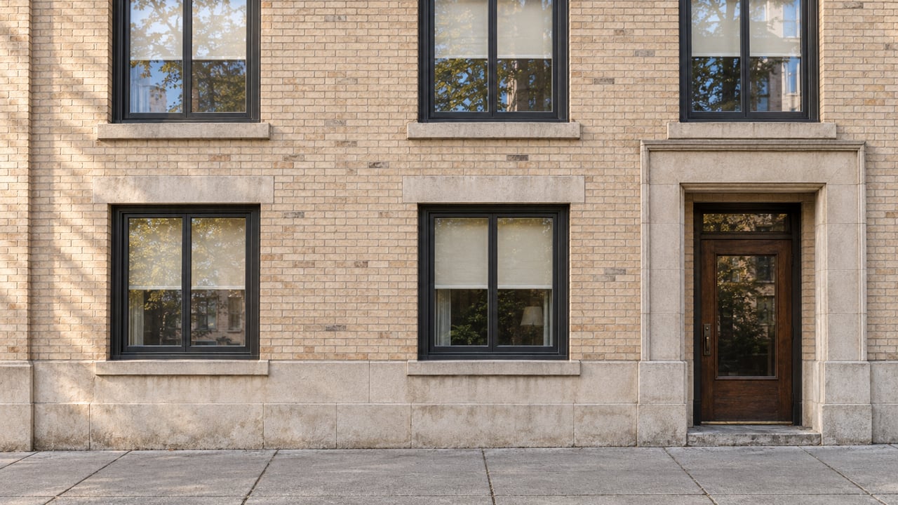 Cream-brick condominium facade with charcoal window frames, a recessed oak entrance and weathered limestone details above a concrete sidewalk.