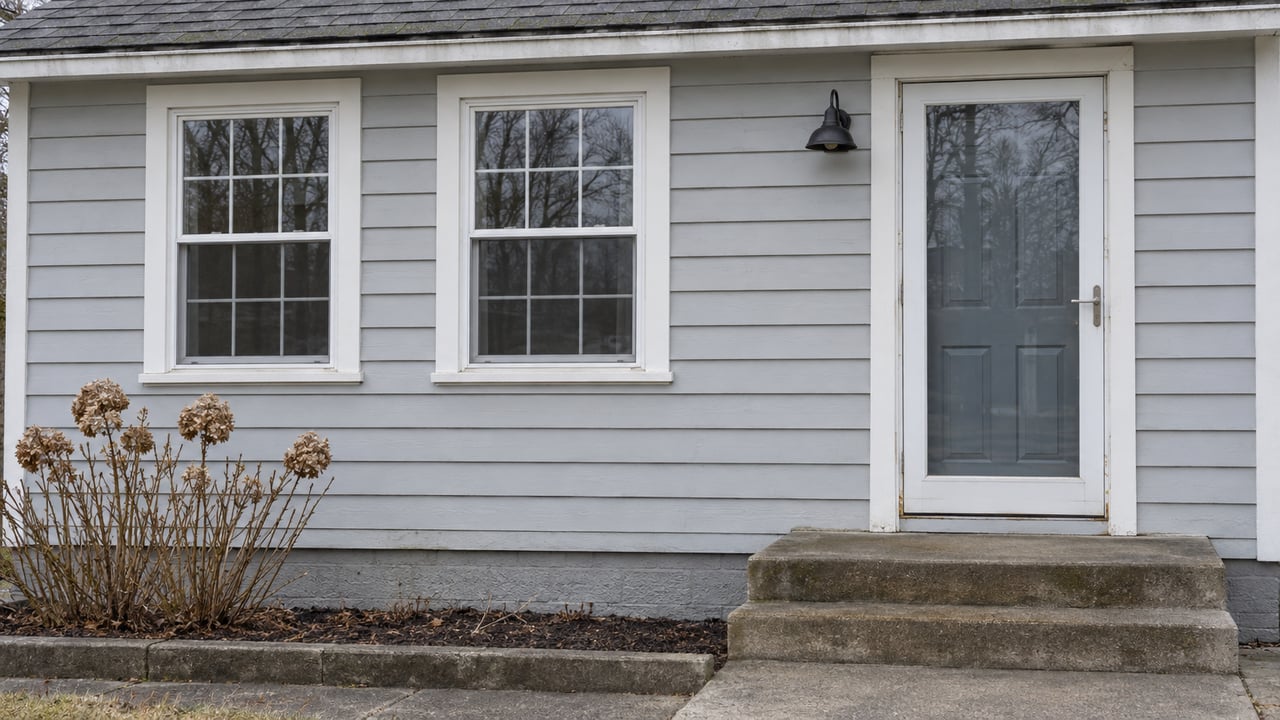 A gray clapboard cottage entry with enclosed porch windows, a blue door behind a glass storm door, worn concrete steps and a dormant hydrangea.