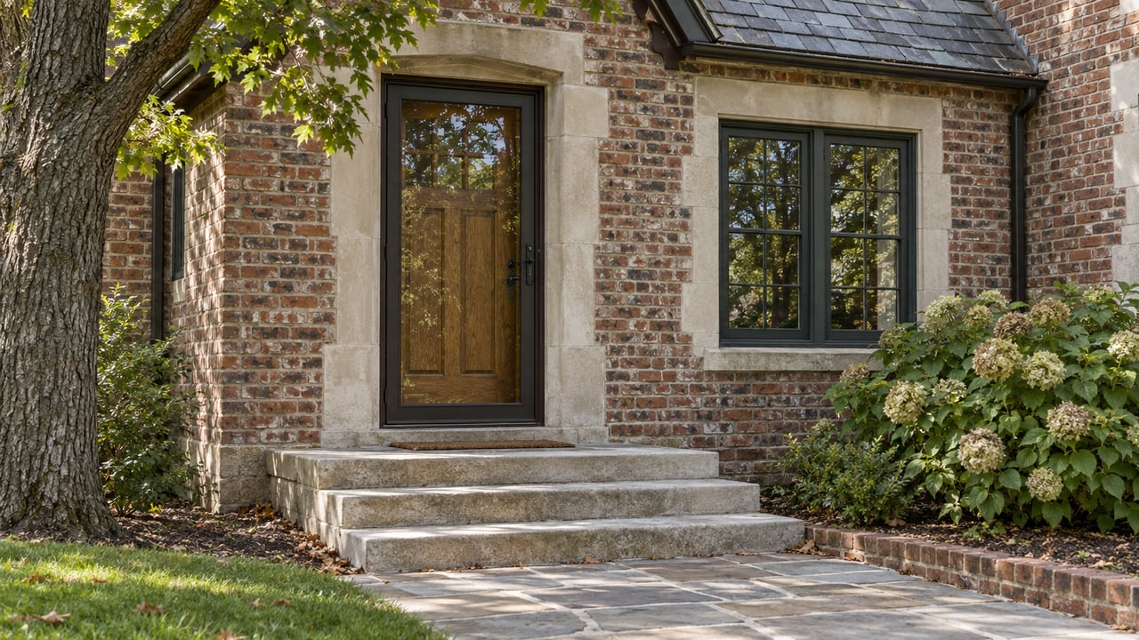 Brick house entrance with recessed oak door, limestone steps, divided-light window, and late-season hydrangeas.