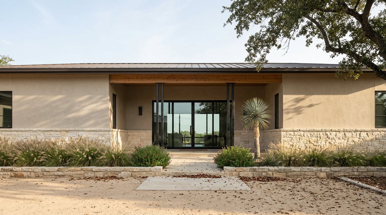 Single-story limestone-and-plaster home with black-framed glass entry, a wide gravel court, and a mature live oak.