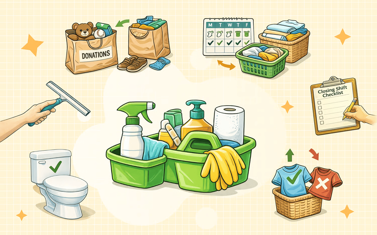 Illustrated home-cleaning habits infographic with donation bags, laundry, cleaning supplies, and a checklist.