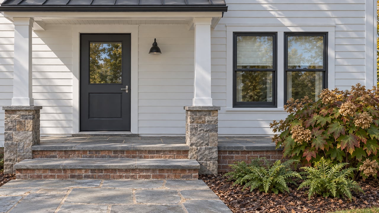 Sunlit white clapboard entry with a charcoal door, paired dark-framed windows, worn bluestone steps and autumn oakleaf hydrangea.