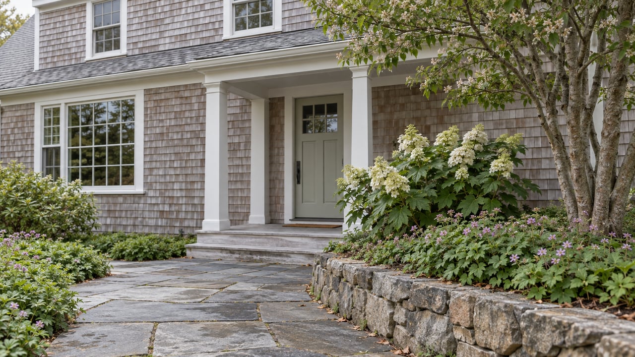 Shingle house entry with a bluestone path, fieldstone garden edge, and serviceberry tree.