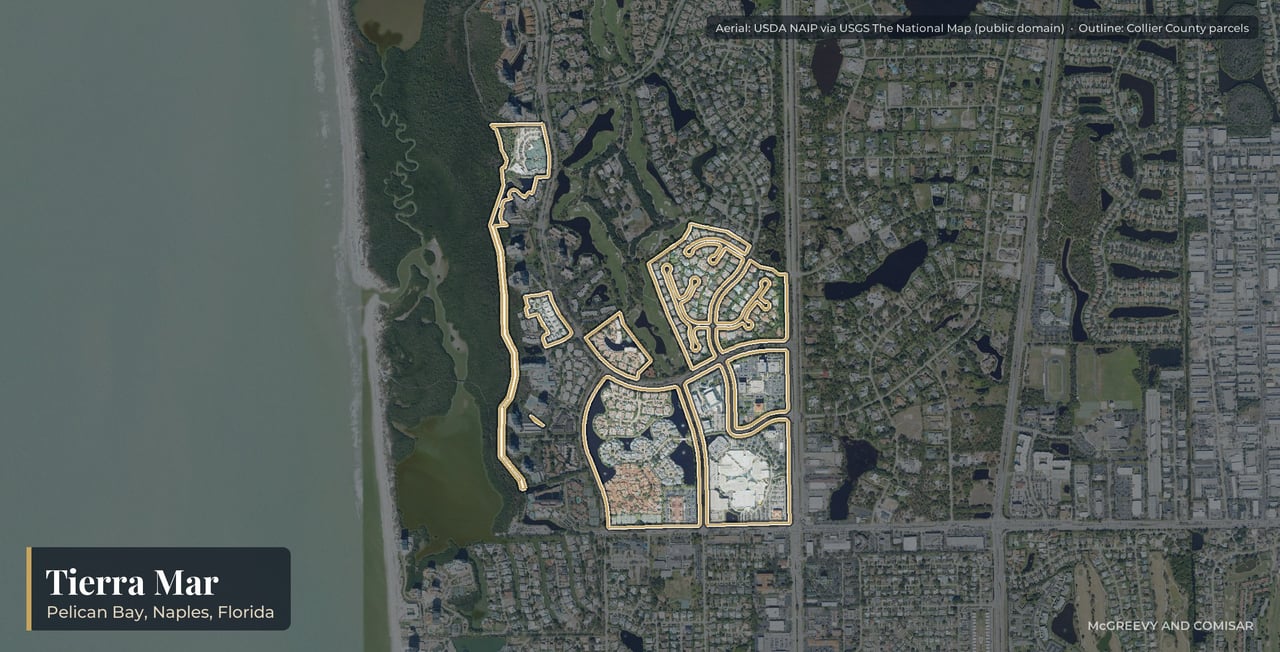 Aerial view of Tierra Mar at Pelican Bay, Naples, Florida, with its parcels outlined