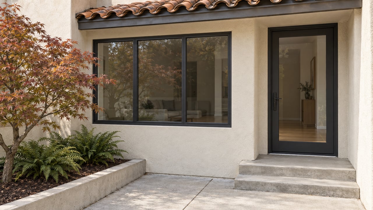 Cream stucco home with a clay-tiled entry roof, dark-framed glass door, and concrete steps beside a Japanese maple and sword ferns.