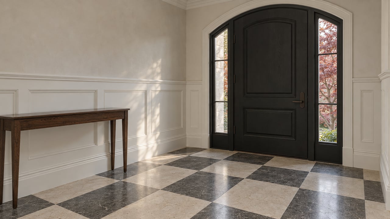 Quiet foyer with an arched black front door, glazed sidelights, white paneling, walnut console, and ivory-and-charcoal checkerboard stone floor.