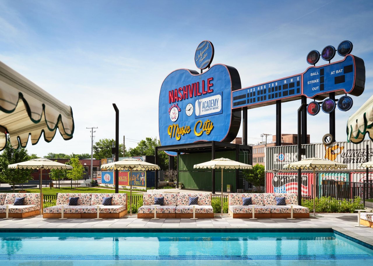 Music City sign and outdoor seating in Nashville’s Wedgewood-Houston neighborhood