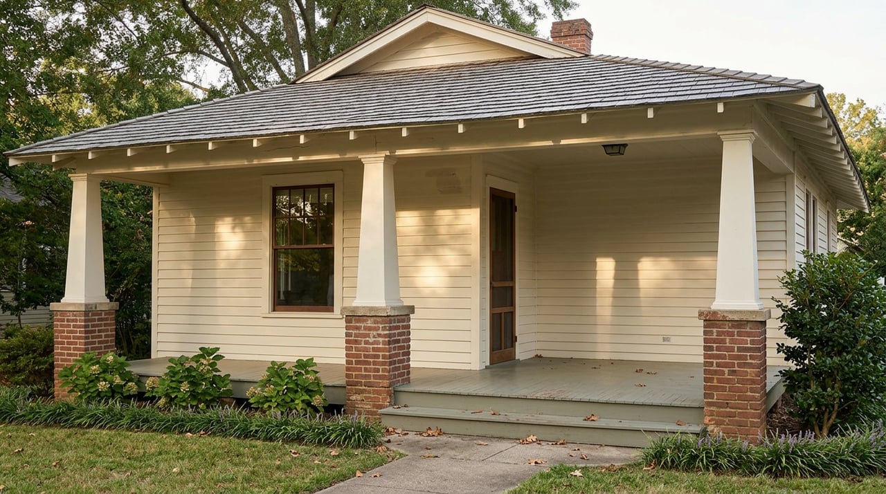 Bungalow porch with tapered white columns on brick piers, ivory clapboard siding, and a weathered cedar-shingle roof.