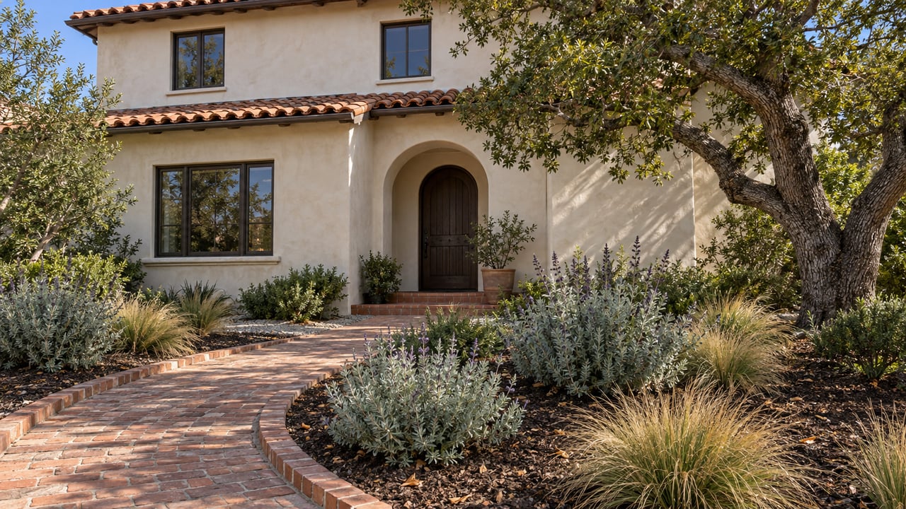 An ivory stucco home with clay roof tiles, a recessed arched doorway and a curved brick garden path beneath a mature oak.
