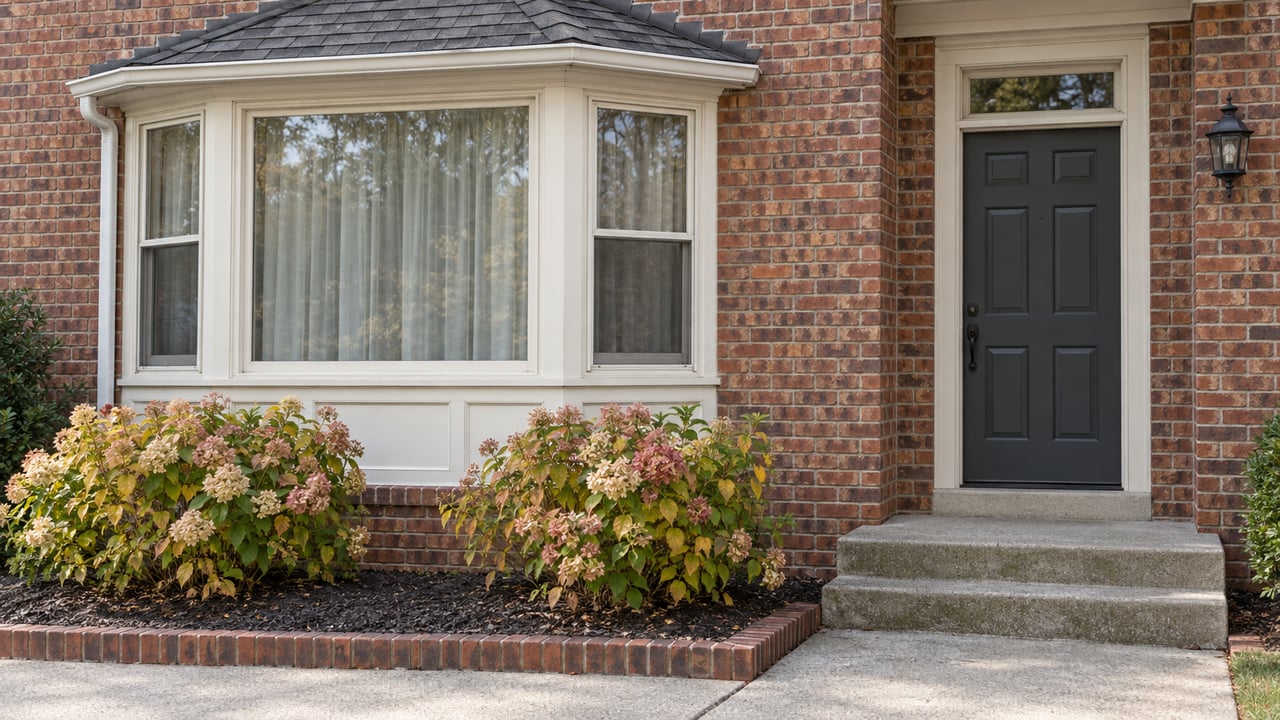 A brick home's ivory-trimmed bay window and charcoal entry door above worn concrete steps, with autumn-flowering hydrangeas.