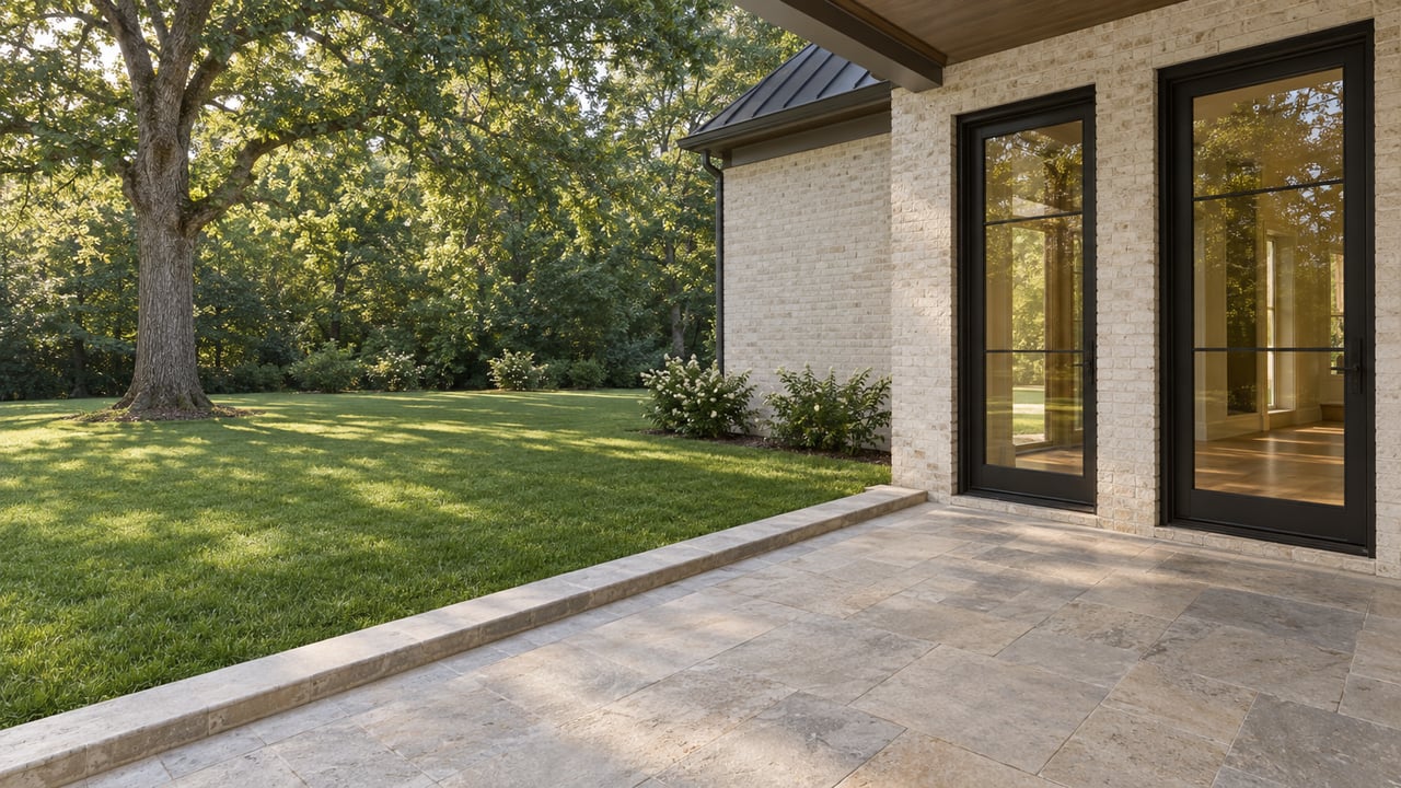 Off-white brick home with glazed doors opening onto a limestone terrace and broad lawn beneath a white oak.