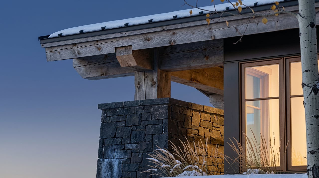 Stone entry pier meets a weathered timber post beneath a snowy roof, beside a warmly glowing window.