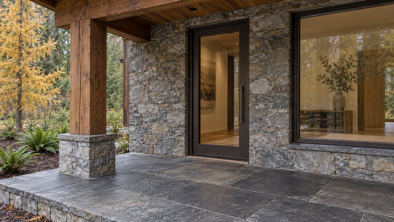 Timber-and-stone home entrance with bronze-framed glass, slate porch paving and golden larch beside the steps.