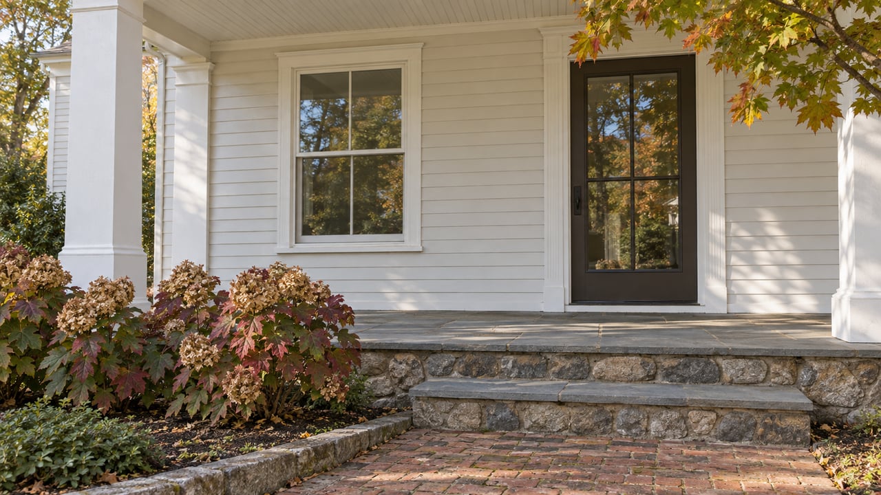 White clapboard porch with a closed glazed door, double-hung window, worn bluestone steps, and autumn oakleaf hydrangeas.