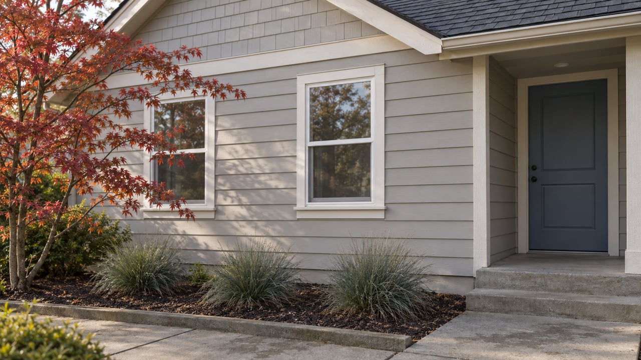 Modest gray-sided house with a slate-blue entry, two windows, and red-leaved maple beside the walk.