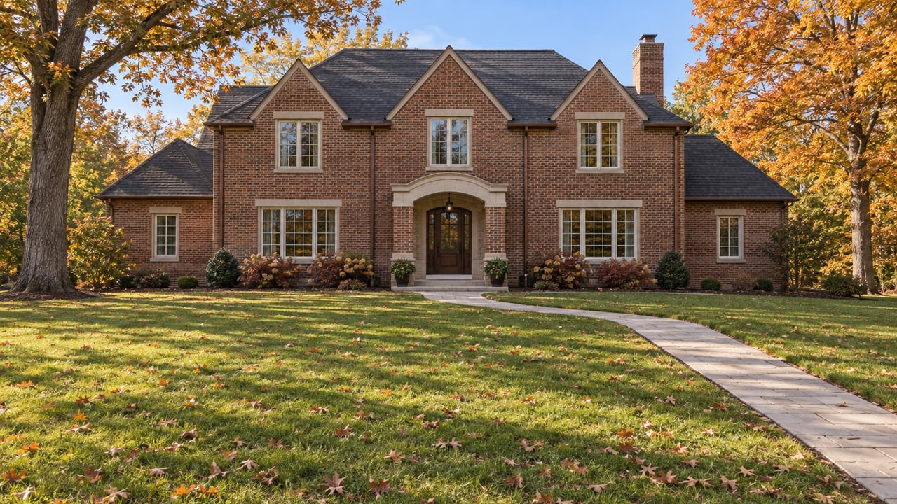 A substantial brick home with steep gables and divided-light windows beyond a broad autumn lawn and curved limestone walk.