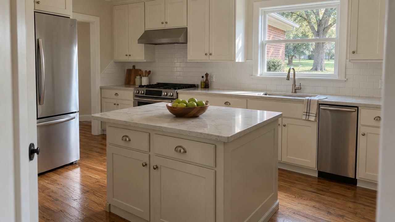Renovated ranch kitchen with cream shaker cabinets, a compact island, and a window overlooking a lawn and oak.